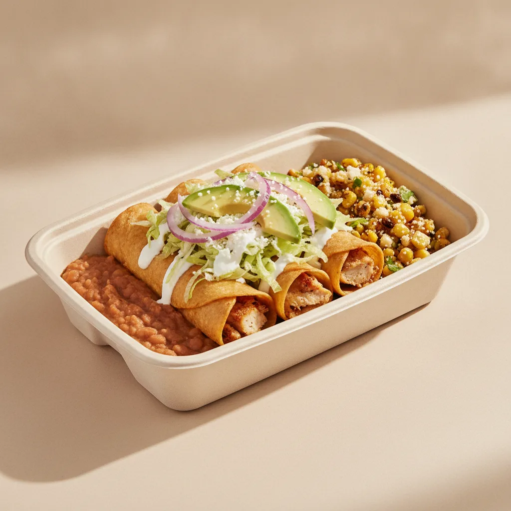 Flautas Boxed Lunch — Chicken with Refried Pinto Beans / Street Corn Salad Flautas Boxed Lunch — Chicken with Refried Pinto Beans / Street Corn Salad