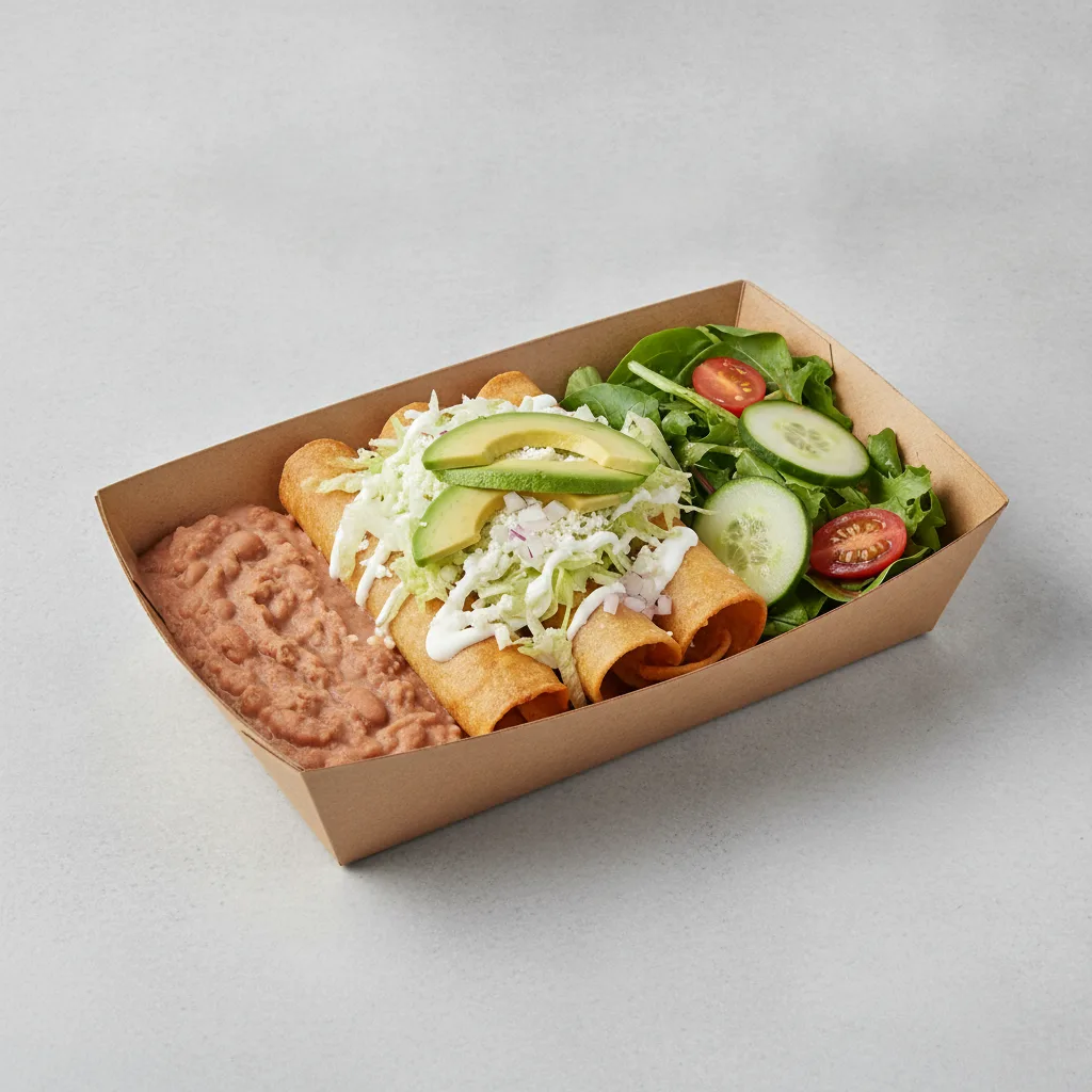 Flautas Boxed Lunch — Chicken with Refried Pinto Beans / Green Salad Flautas Boxed Lunch — Chicken with Refried Pinto Beans / Green Salad