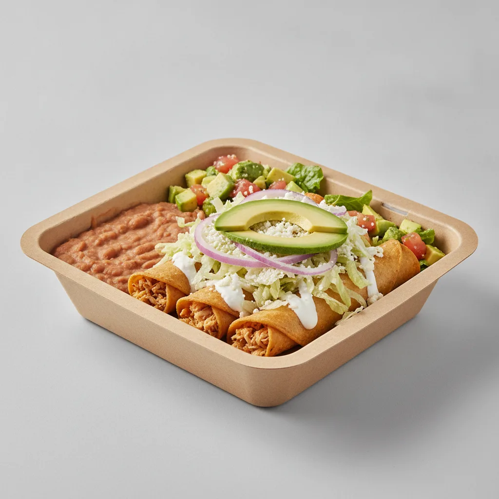 Flautas Boxed Lunch — Chicken with Refried Pinto Beans / Avocado Salad Flautas Boxed Lunch — Chicken with Refried Pinto Beans / Avocado Salad