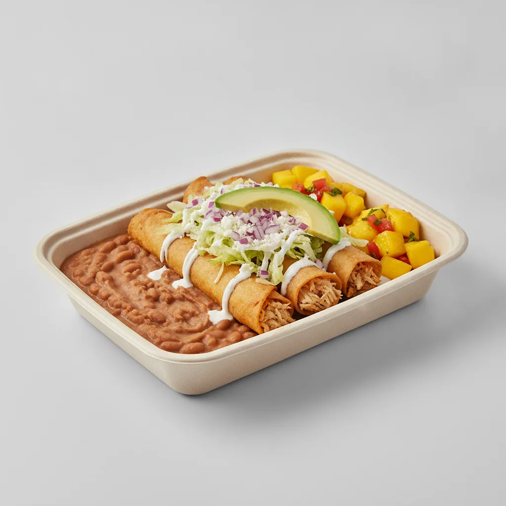Flautas Boxed Lunch — Chicken with Refried Pinto Beans / Mango Salad Flautas Boxed Lunch — Chicken with Refried Pinto Beans / Mango Salad