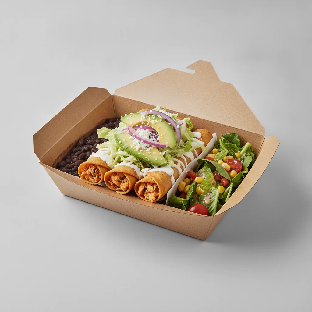 Flautas Boxed Lunch — Chicken with Black Beans / Mexican House Salad Flautas Boxed Lunch — Chicken with Black Beans / Mexican House Salad