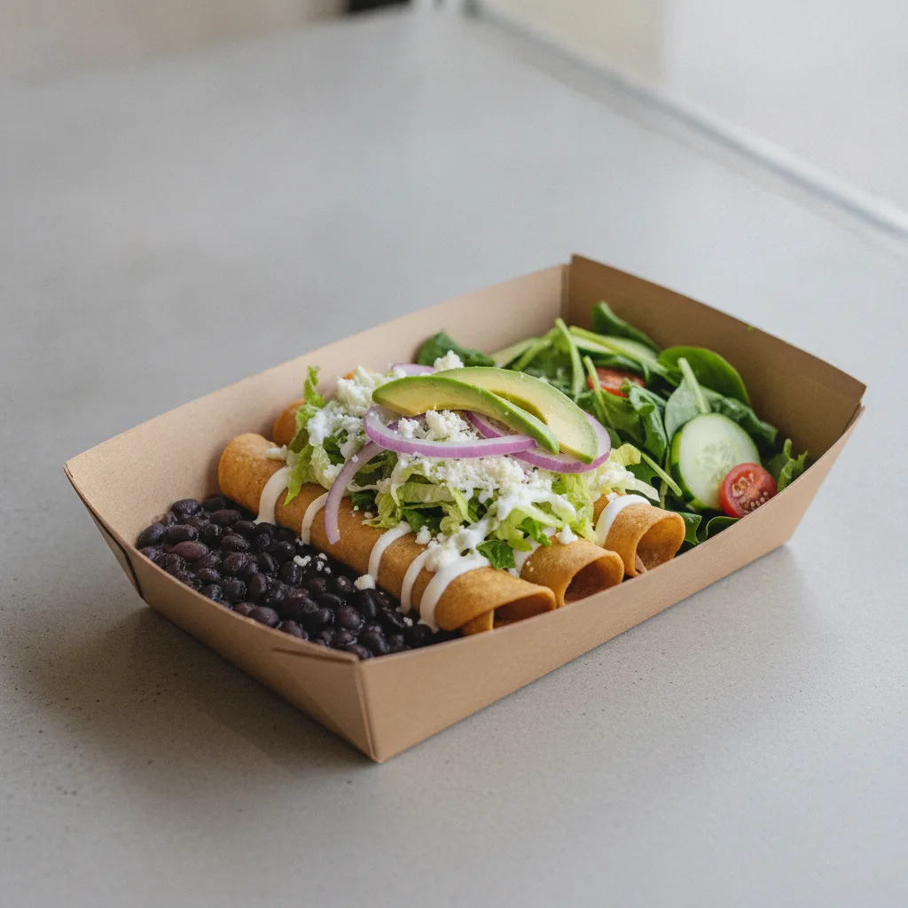 Flautas Boxed Lunch — Chicken with Black Beans / Green Salad Flautas Boxed Lunch — Chicken with Black Beans / Green Salad