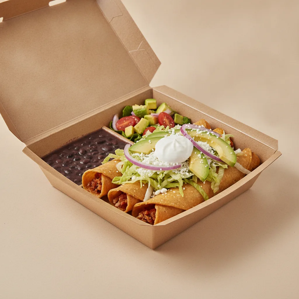 Flautas Boxed Lunch — Chicken with Black Beans / Avocado Salad Flautas Boxed Lunch — Chicken with Black Beans / Avocado Salad