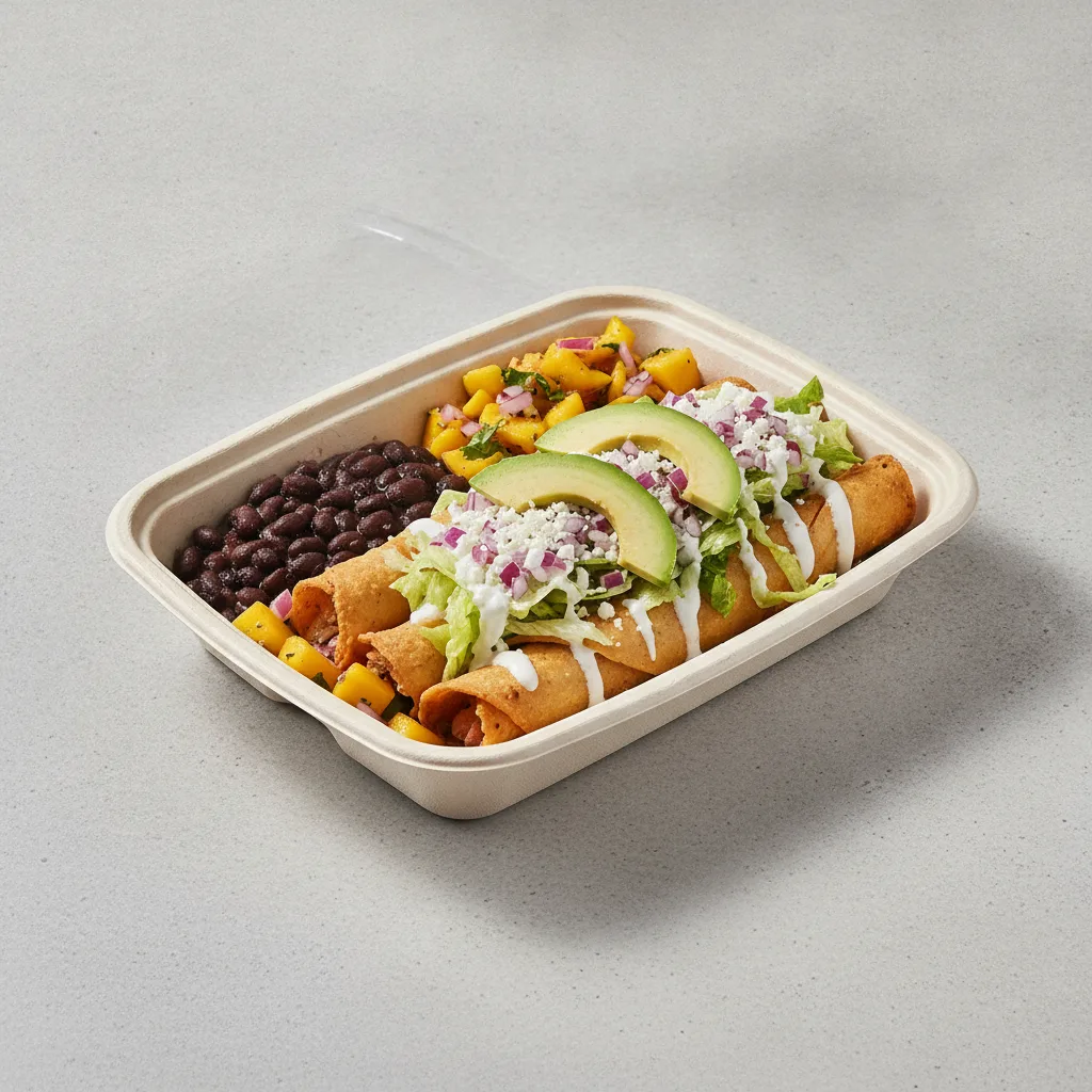 Flautas Boxed Lunch — Chicken with Black Beans / Mango Salad Flautas Boxed Lunch — Chicken with Black Beans / Mango Salad
