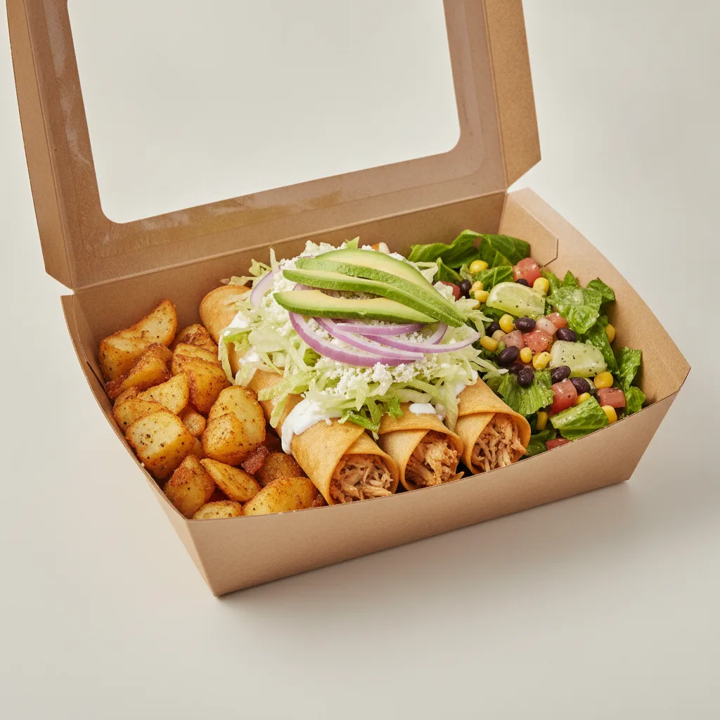 Flautas Boxed Lunch — Chicken — Home Fries / Mexican House Salad Flautas Boxed Lunch — Chicken — Home Fries / Mexican House Salad