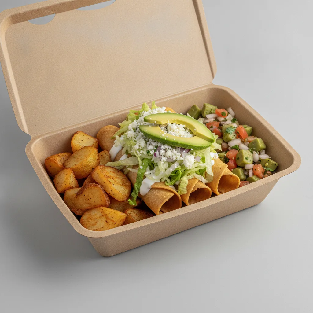 Flautas Boxed Lunch — Chicken — Home Fries / Nopalitos Salad Flautas Boxed Lunch — Chicken — Home Fries / Nopalitos Salad