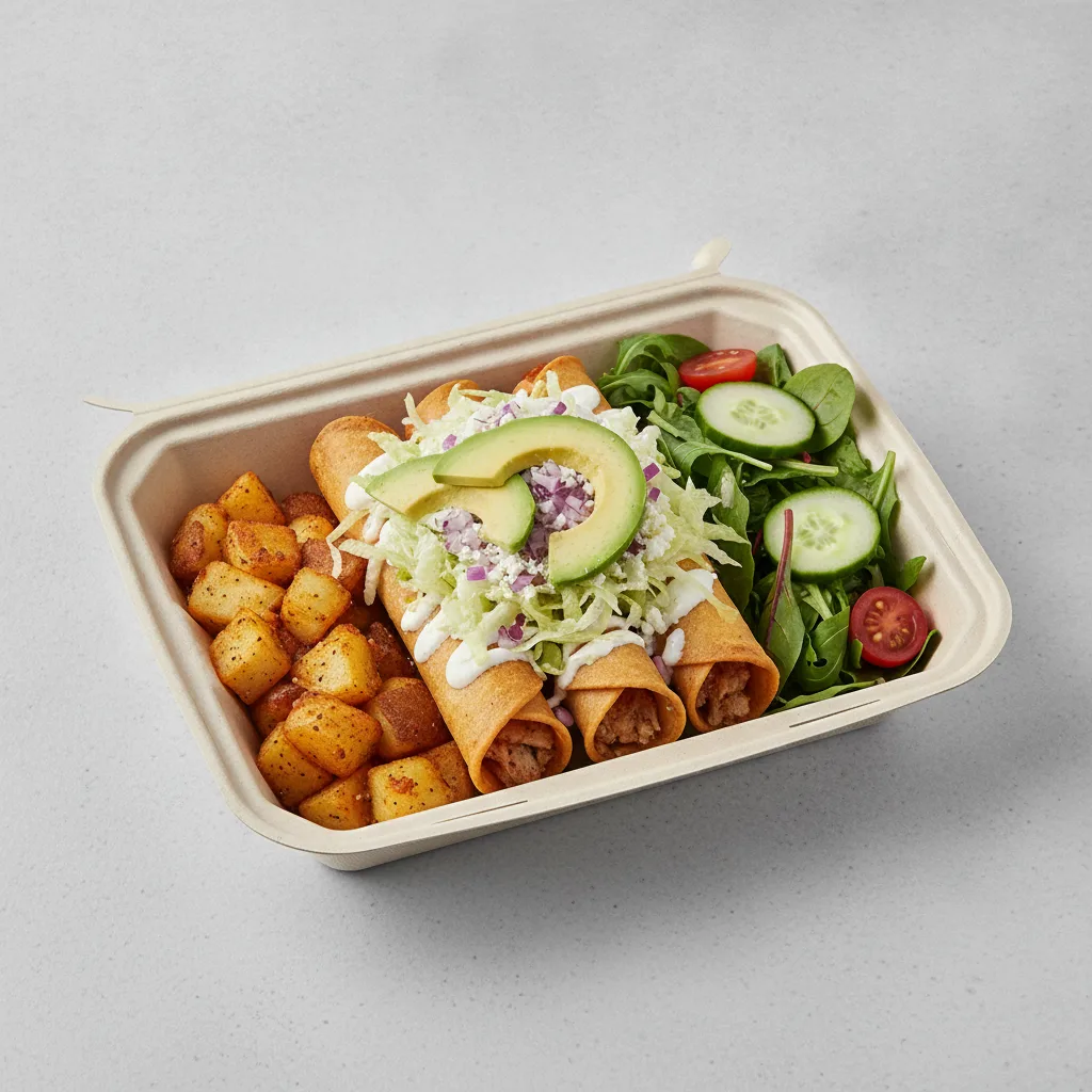Flautas Boxed Lunch — Chicken — Home Fries / Green Salad Flautas Boxed Lunch — Chicken — Home Fries / Green Salad