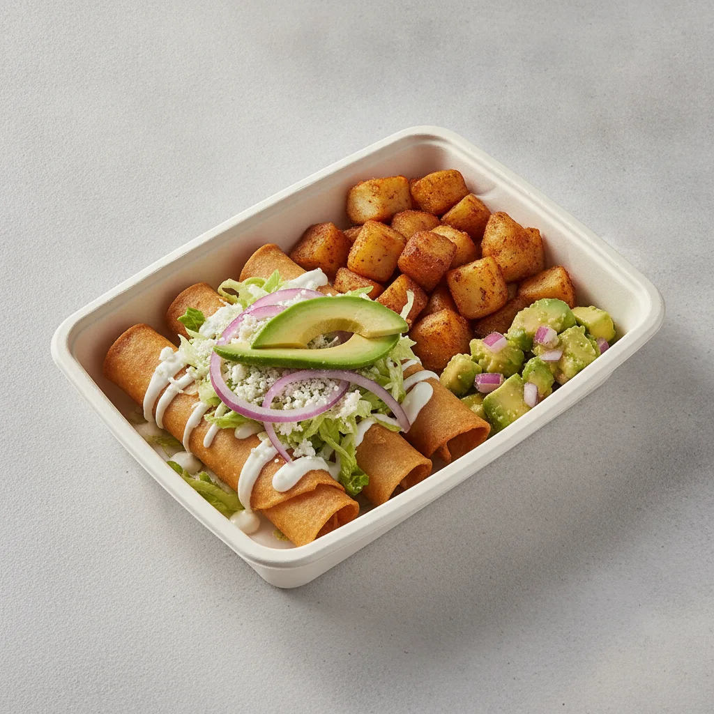 Flautas Boxed Lunch — Chicken — Home Fries / Avocado Salad Flautas Boxed Lunch — Chicken — Home Fries / Avocado Salad