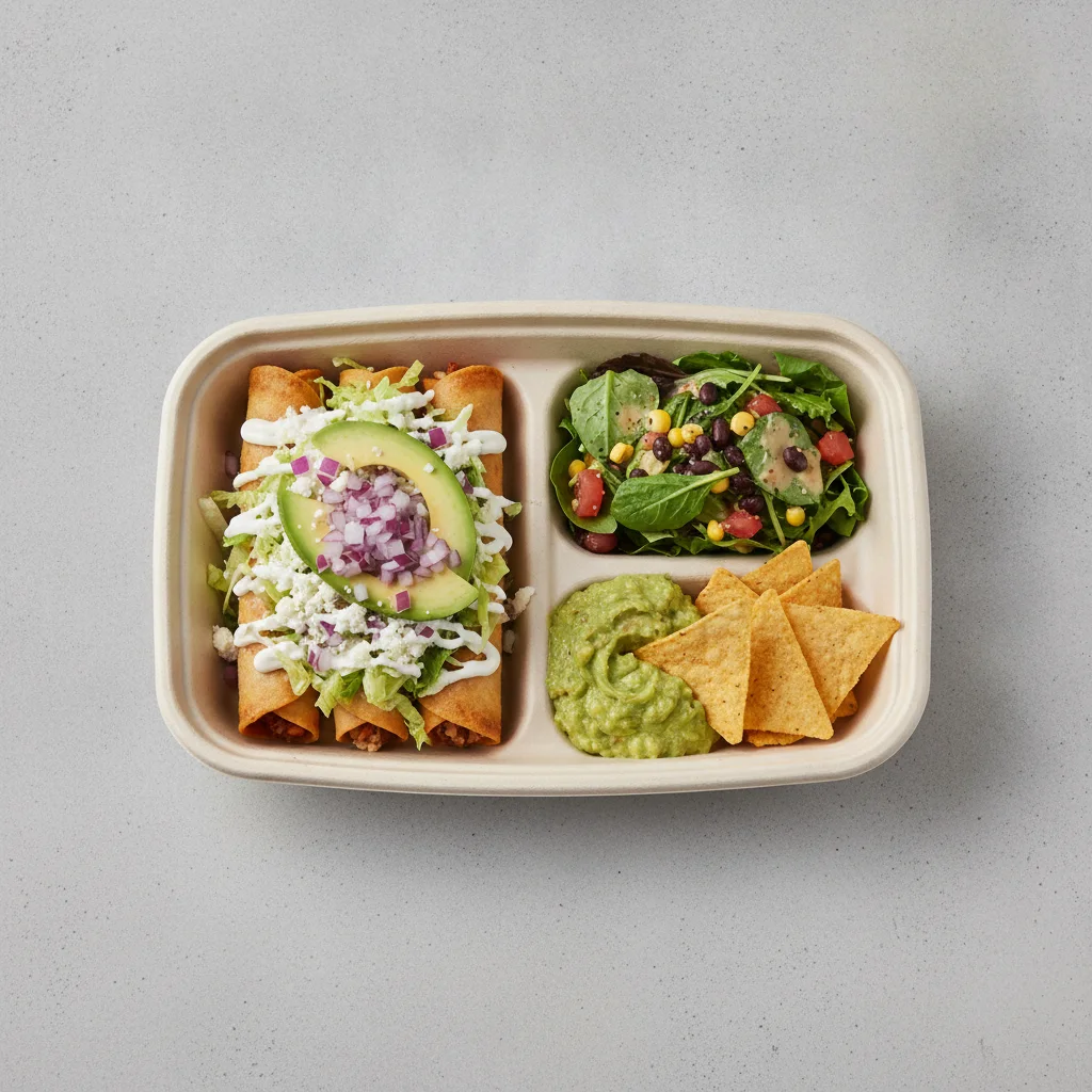 Flautas Boxed Lunch — Chicken with Guacamole and Chips / Mexican House Salad Flautas Boxed Lunch — Chicken with Guacamole and Chips / Mexican House Salad