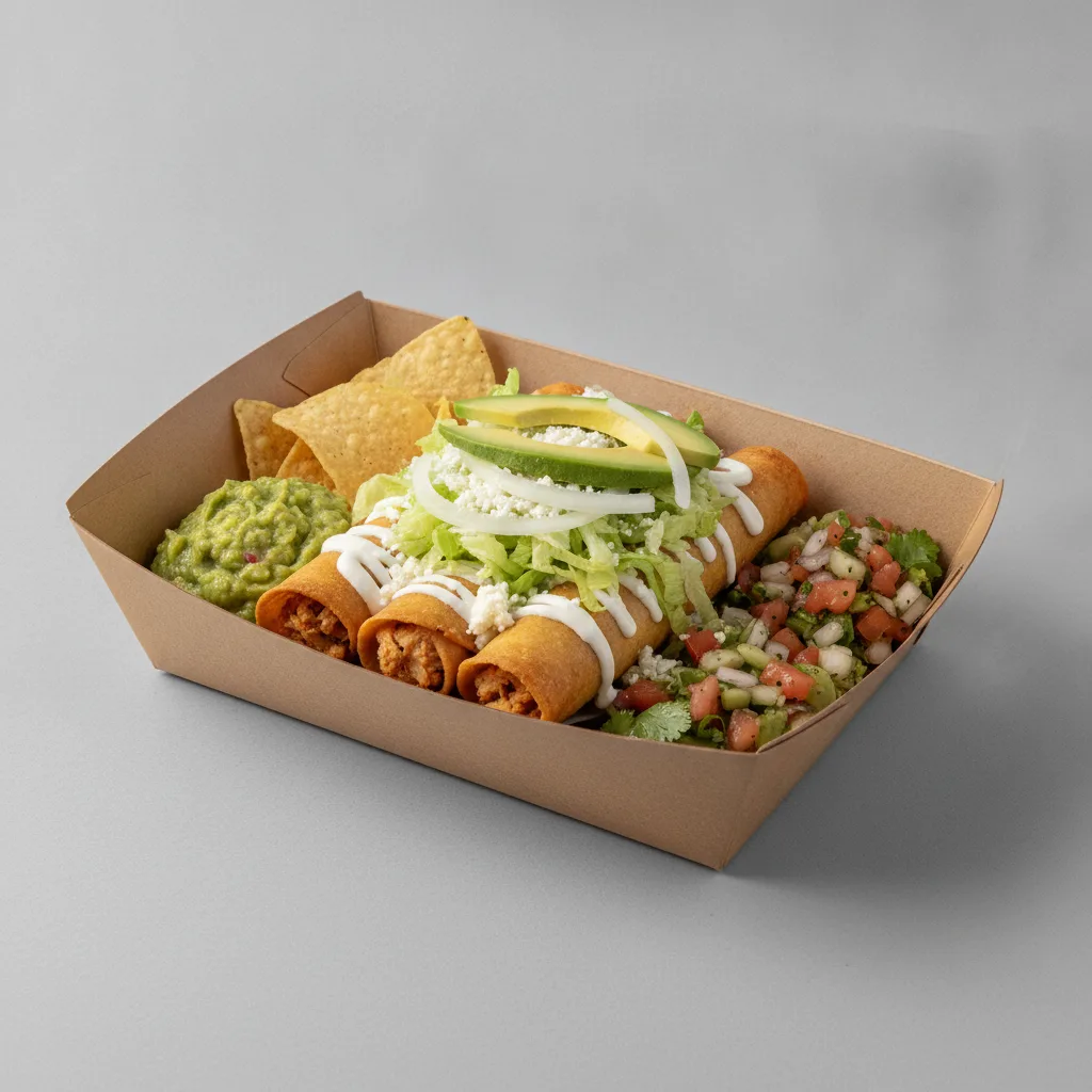 Flautas Boxed Lunch — Chicken with Guacamole and Chips / Nopalitos Salad Flautas Boxed Lunch — Chicken with Guacamole and Chips / Nopalitos Salad