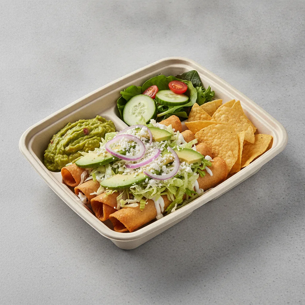 Flautas Boxed Lunch — Chicken with Guacamole and Chips / Green Salad Flautas Boxed Lunch — Chicken with Guacamole and Chips / Green Salad