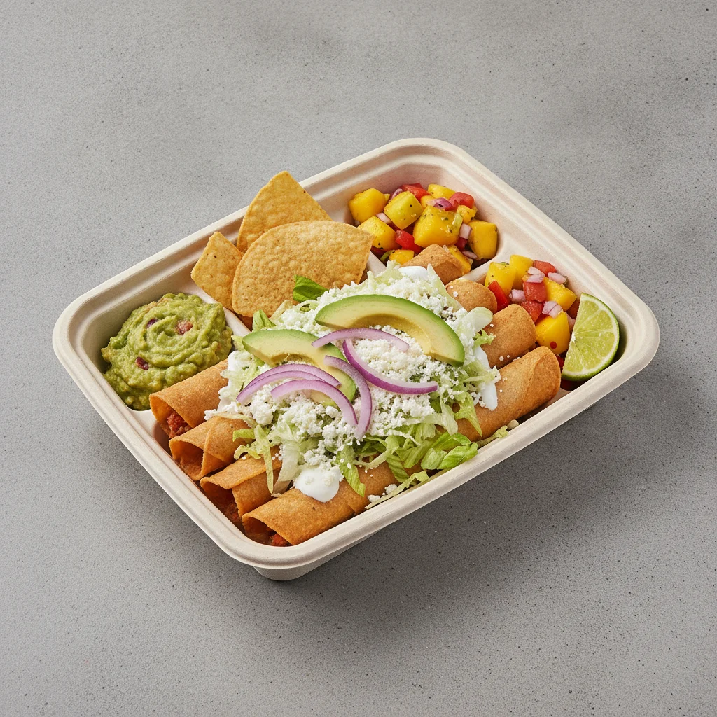Flautas Boxed Lunch — Chicken with Guacamole and Chips / Mango Salad Flautas Boxed Lunch — Chicken with Guacamole and Chips / Mango Salad