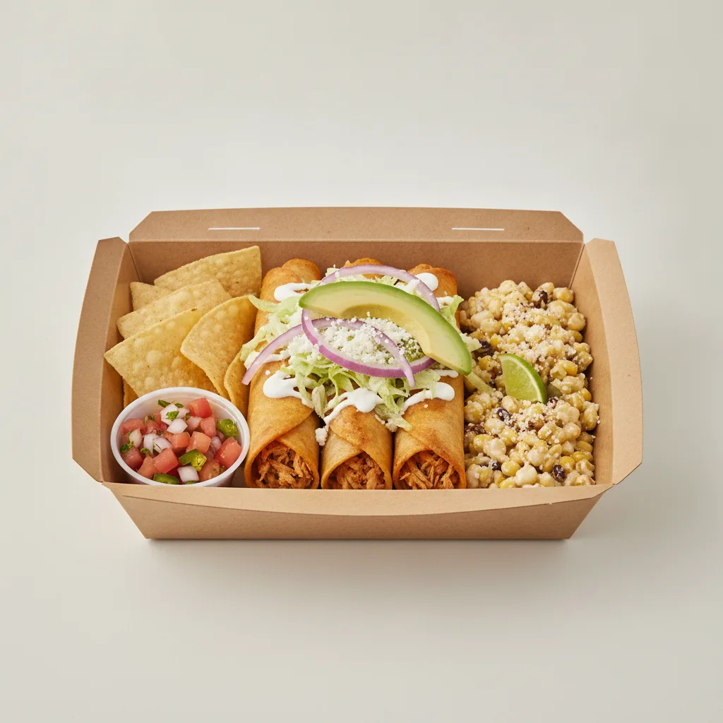 Flautas Boxed Lunch — Chicken with Pico and Chips / Street Corn Salad Flautas Boxed Lunch — Chicken with Pico and Chips / Street Corn Salad