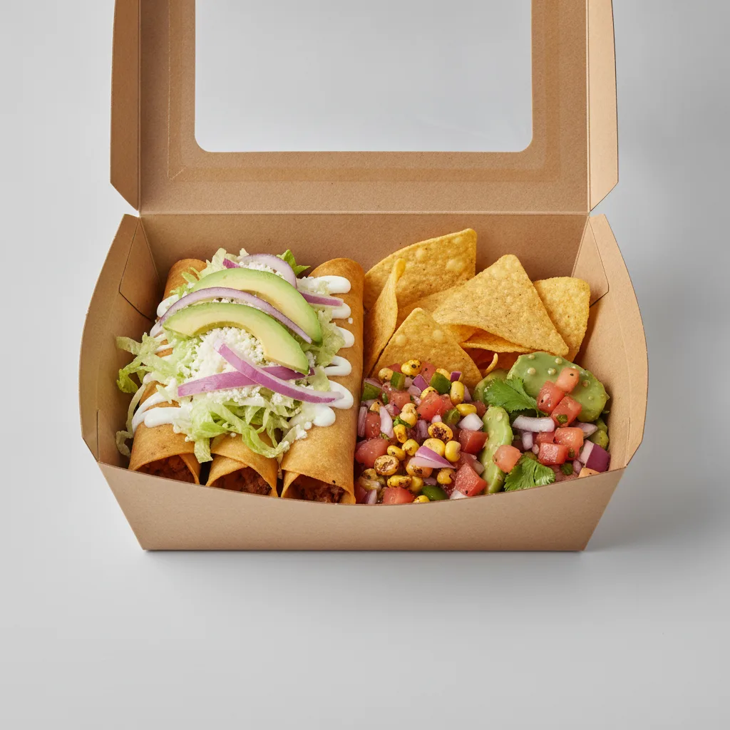 Flautas Boxed Lunch — Chicken with Pico and Chips / Nopalitos Salad Flautas Boxed Lunch — Chicken with Pico and Chips / Nopalitos Salad