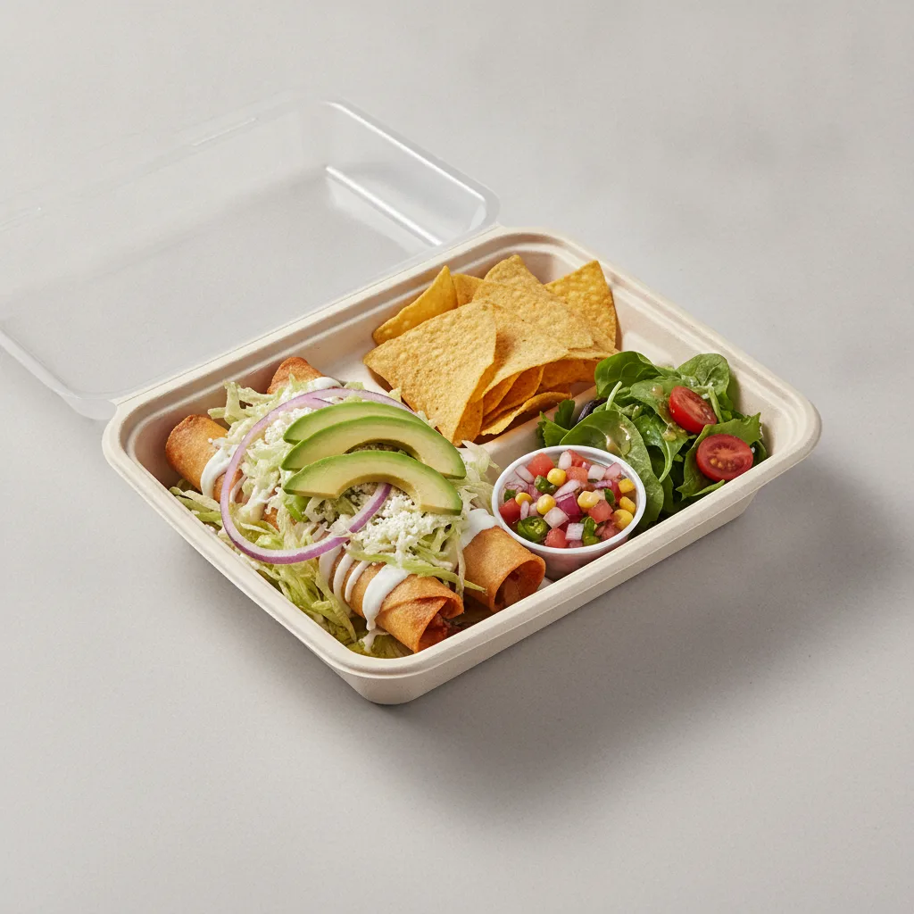 Flautas Boxed Lunch — Chicken with Pico and Chips / Green Salad Flautas Boxed Lunch — Chicken with Pico and Chips / Green Salad