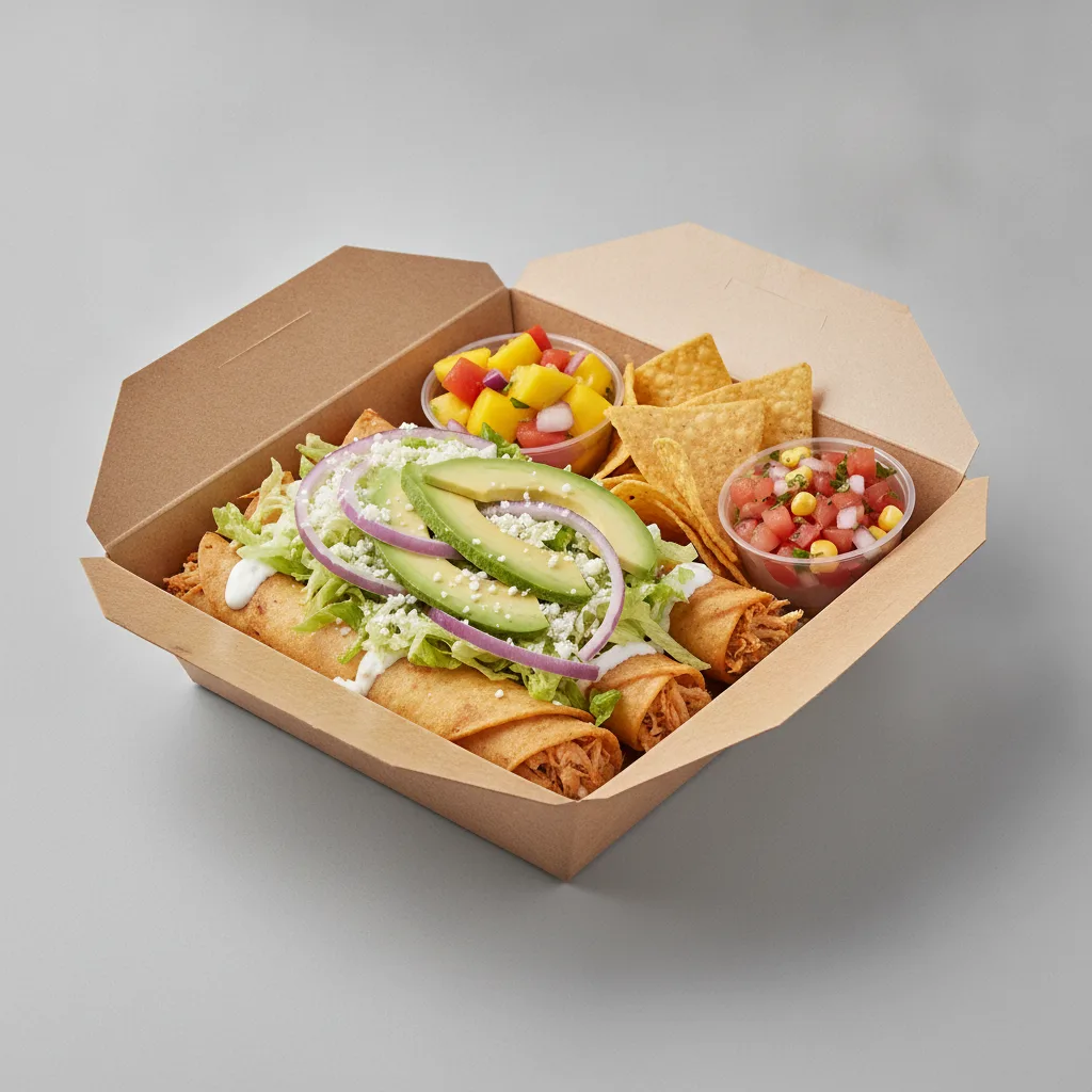 Flautas Boxed Lunch — Chicken with Pico and Chips / Mango Salad Flautas Boxed Lunch — Chicken with Pico and Chips / Mango Salad