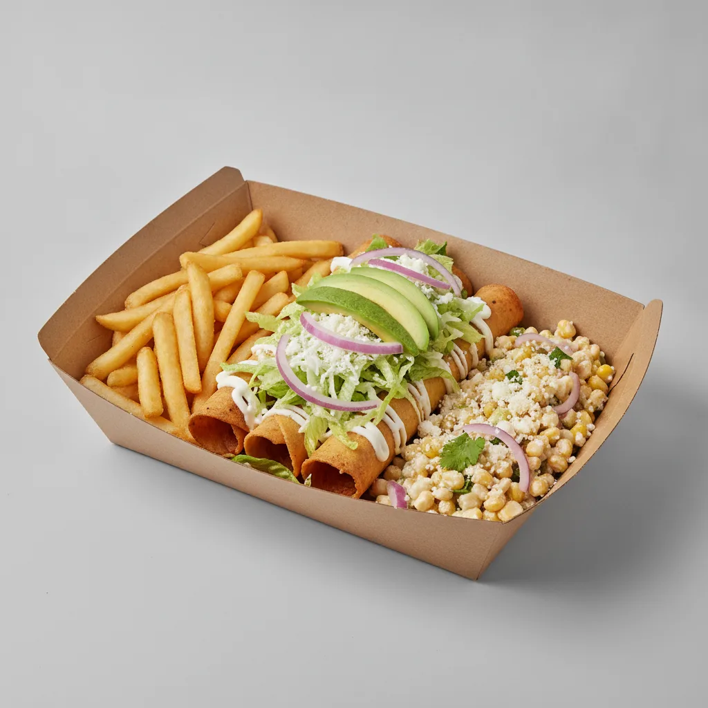 Flautas Boxed Lunch — Chicken with French Fries / Street Corn Salad Flautas Boxed Lunch — Chicken with French Fries / Street Corn Salad