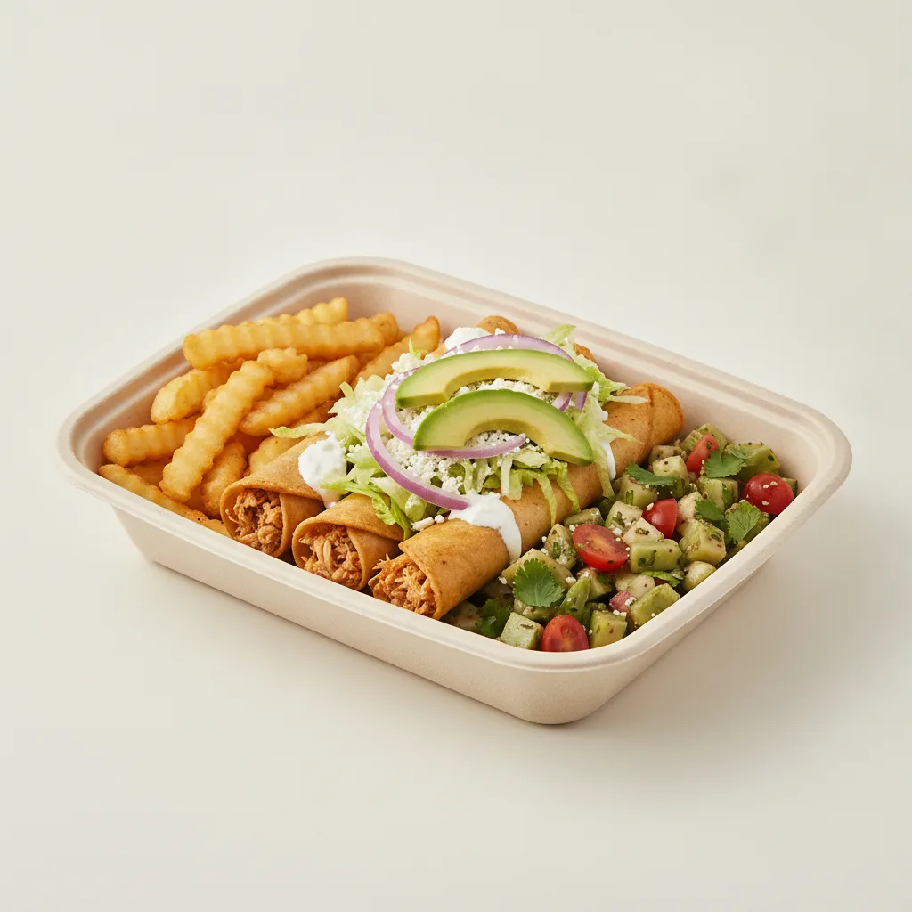 Flautas Boxed Lunch — Chicken with French Fries / Nopalitos Salad Flautas Boxed Lunch — Chicken with French Fries / Nopalitos Salad