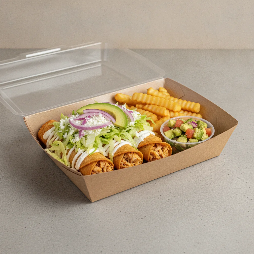 Flautas Boxed Lunch — Chicken with French Fries / Avocado Salad Flautas Boxed Lunch — Chicken with French Fries / Avocado Salad