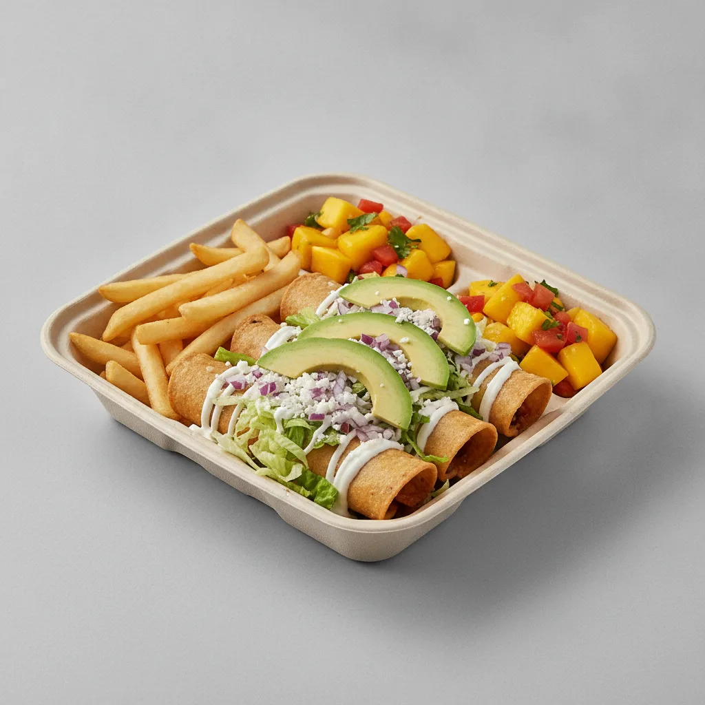 Flautas Boxed Lunch — Chicken with French Fries / Mango Salad Flautas Boxed Lunch — Chicken with French Fries / Mango Salad
