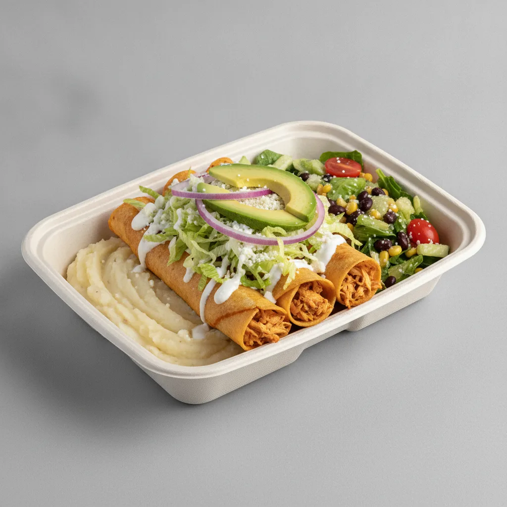 Flautas Boxed Lunch — Chicken with Mashed Potato / Mexican House Salad Flautas Boxed Lunch — Chicken with Mashed Potato / Mexican House Salad