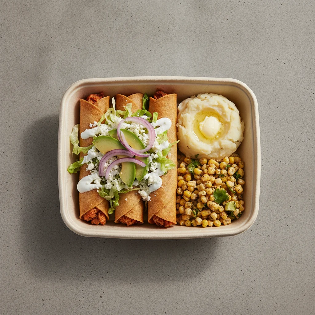 Flautas Boxed Lunch — Chicken with Mashed Potato / Street Corn Salad Flautas Boxed Lunch — Chicken with Mashed Potato / Street Corn Salad