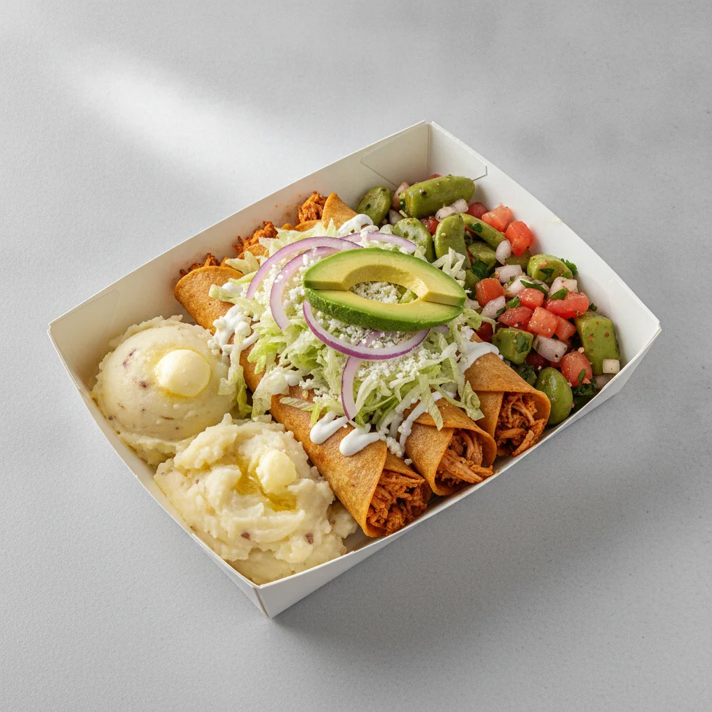 Flautas Boxed Lunch — Chicken with Mashed Potato / Nopalitos Salad Flautas Boxed Lunch — Chicken with Mashed Potato / Nopalitos Salad