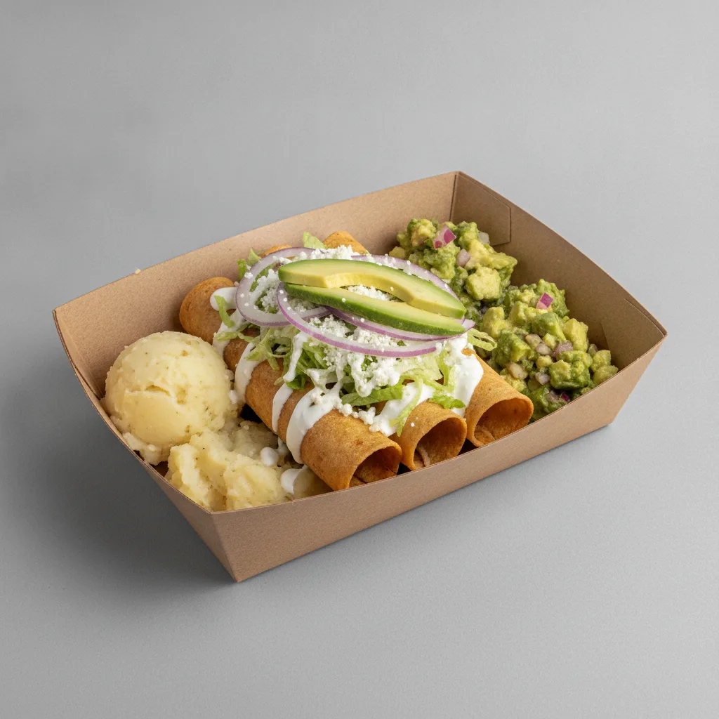 Flautas Boxed Lunch — Chicken with Mashed Potato / Avocado Salad Flautas Boxed Lunch — Chicken with Mashed Potato / Avocado Salad