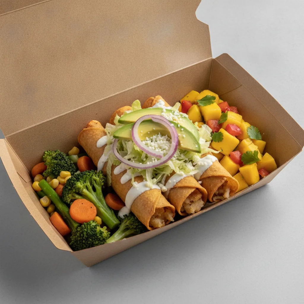 Flautas Boxed Lunch — Potato with Steamed Mix Veggies / Mango Salad Flautas Boxed Lunch — Potato with Steamed Mix Veggies / Mango Salad