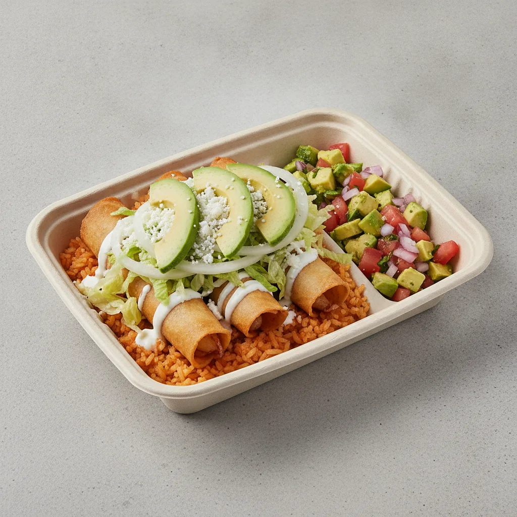Flautas Boxed Lunch — Potato with Mexican Rice / Avocado Salad Flautas Boxed Lunch — Potato with Mexican Rice / Avocado Salad