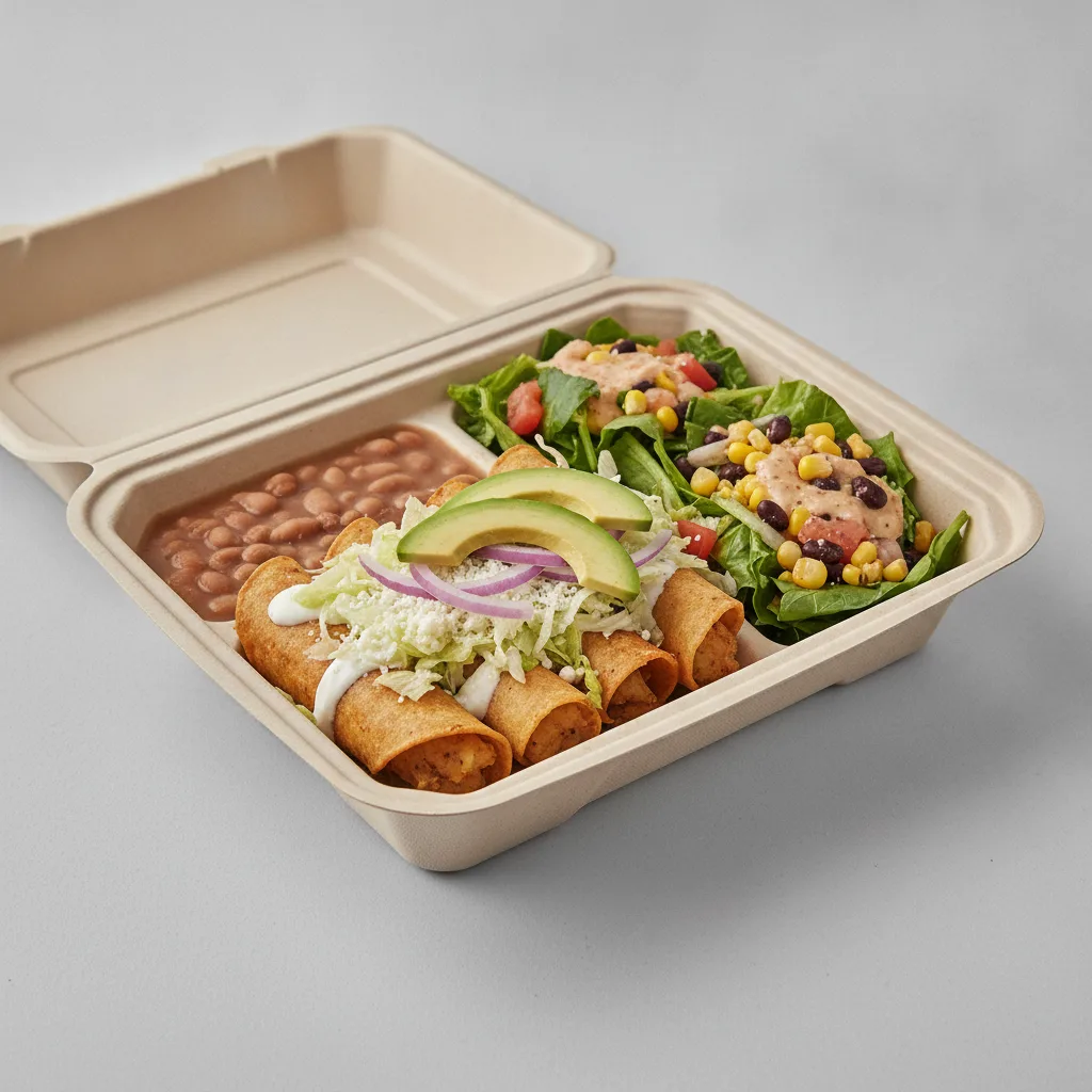 Flautas Boxed Lunch — Potato with Pinto Beans / Mexican House Salad Flautas Boxed Lunch — Potato with Pinto Beans / Mexican House Salad