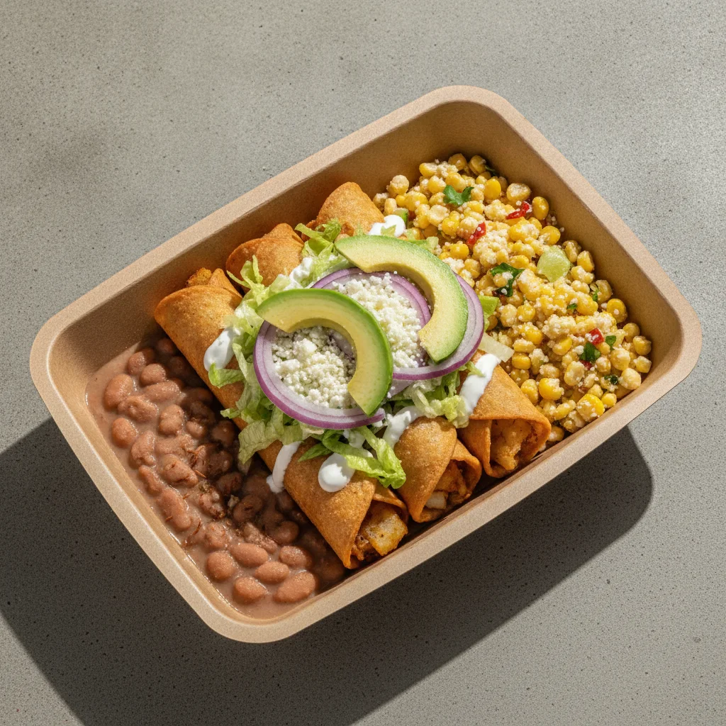 Flautas Boxed Lunch — Potato with Pinto Beans / Street Corn Salad Flautas Boxed Lunch — Potato with Pinto Beans / Street Corn Salad