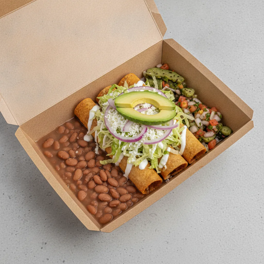 Flautas Boxed Lunch — Potato with Pinto Beans / Nopalitos Salad Flautas Boxed Lunch — Potato with Pinto Beans / Nopalitos Salad