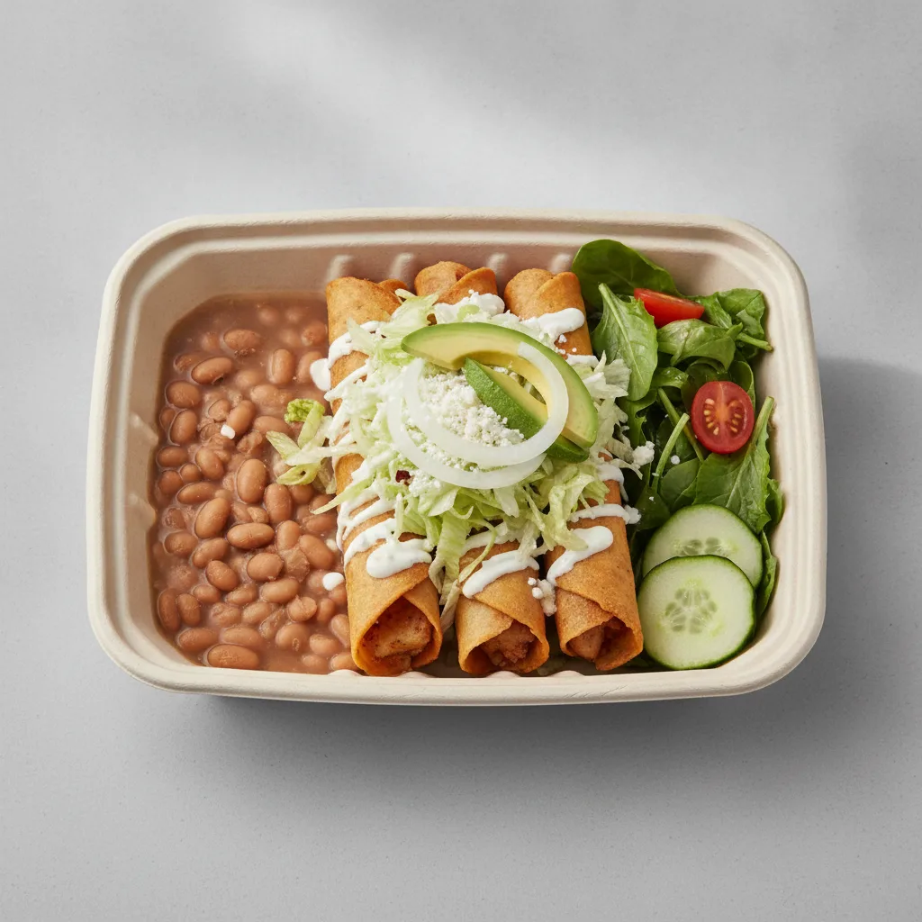 Flautas Boxed Lunch — Potato with Pinto Beans / Green Salad Flautas Boxed Lunch — Potato with Pinto Beans / Green Salad
