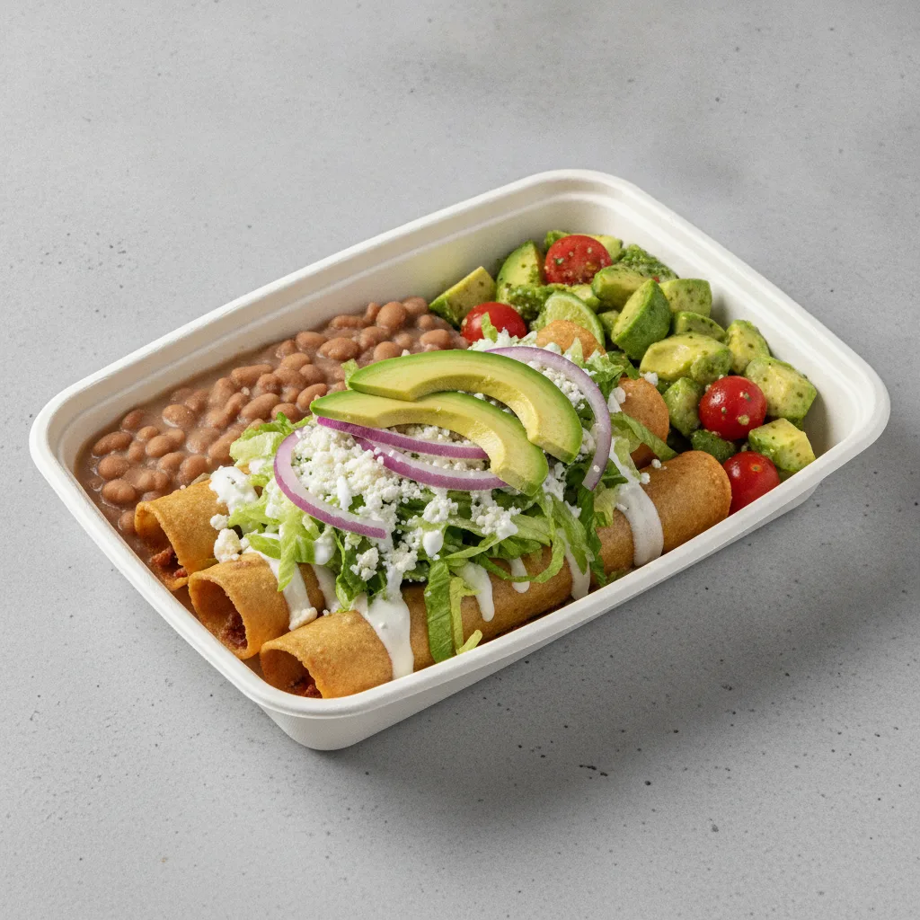 Flautas Boxed Lunch — Potato with Pinto Beans / Avocado Salad Flautas Boxed Lunch — Potato with Pinto Beans / Avocado Salad