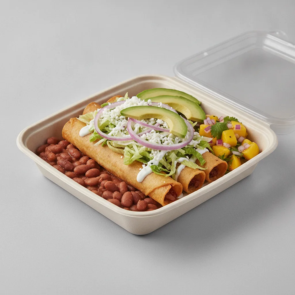 Flautas Boxed Lunch — Potato with Pinto Beans / Mango Salad Flautas Boxed Lunch — Potato with Pinto Beans / Mango Salad