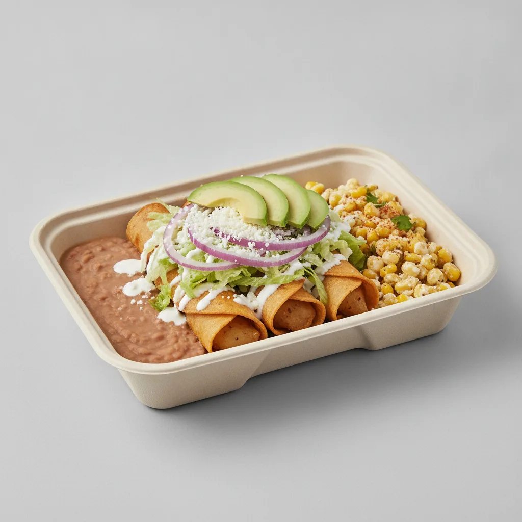 Flautas Boxed Lunch — Potato with Refried Pinto Beans / Street Corn Salad Flautas Boxed Lunch — Potato with Refried Pinto Beans / Street Corn Salad