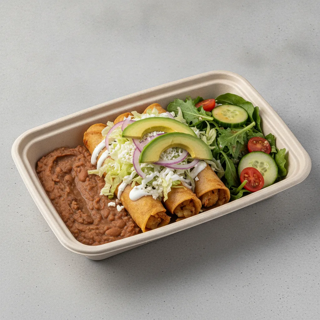 Flautas Boxed Lunch — Potato with Refried Pinto Beans / Green Salad Flautas Boxed Lunch — Potato with Refried Pinto Beans / Green Salad