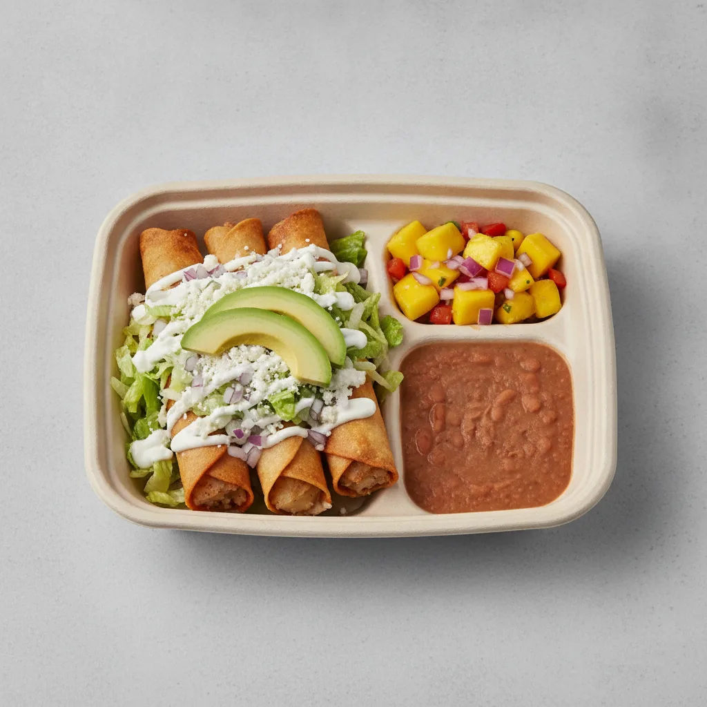 Flautas Boxed Lunch — Potato with Refried Pinto Beans / Mango Salad Flautas Boxed Lunch — Potato with Refried Pinto Beans / Mango Salad