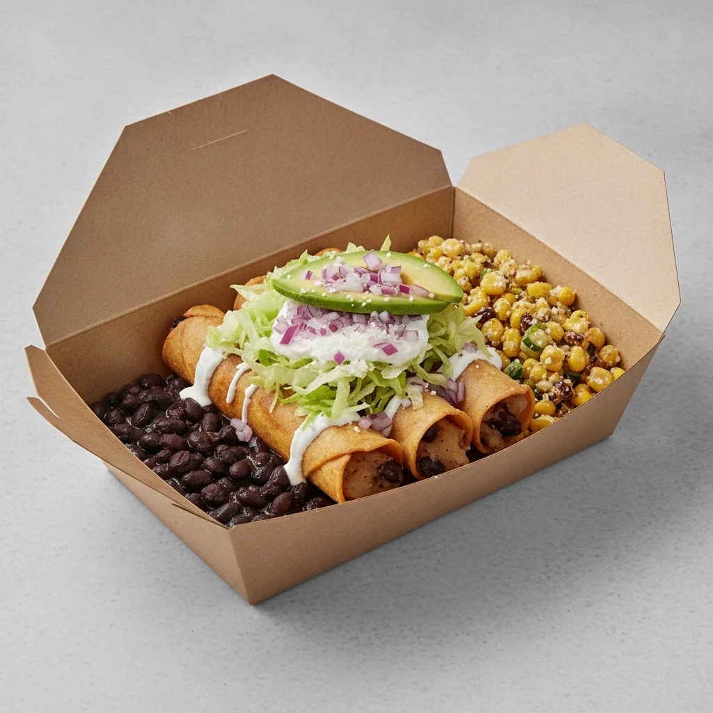 Flautas Boxed Lunch — Potato with Black Beans / Street Corn Salad Flautas Boxed Lunch — Potato with Black Beans / Street Corn Salad