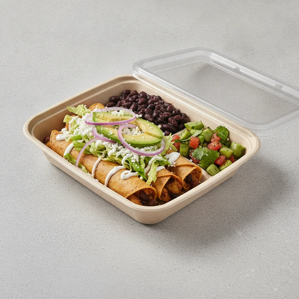 Flautas Boxed Lunch — Potato with Black Beans / Nopalitos Salad Flautas Boxed Lunch — Potato with Black Beans / Nopalitos Salad