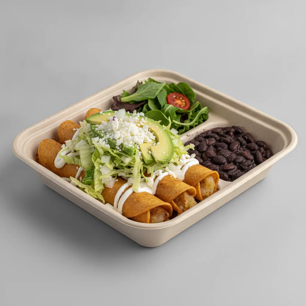 Flautas Boxed Lunch — Potato with Black Beans / Green Salad Flautas Boxed Lunch — Potato with Black Beans / Green Salad