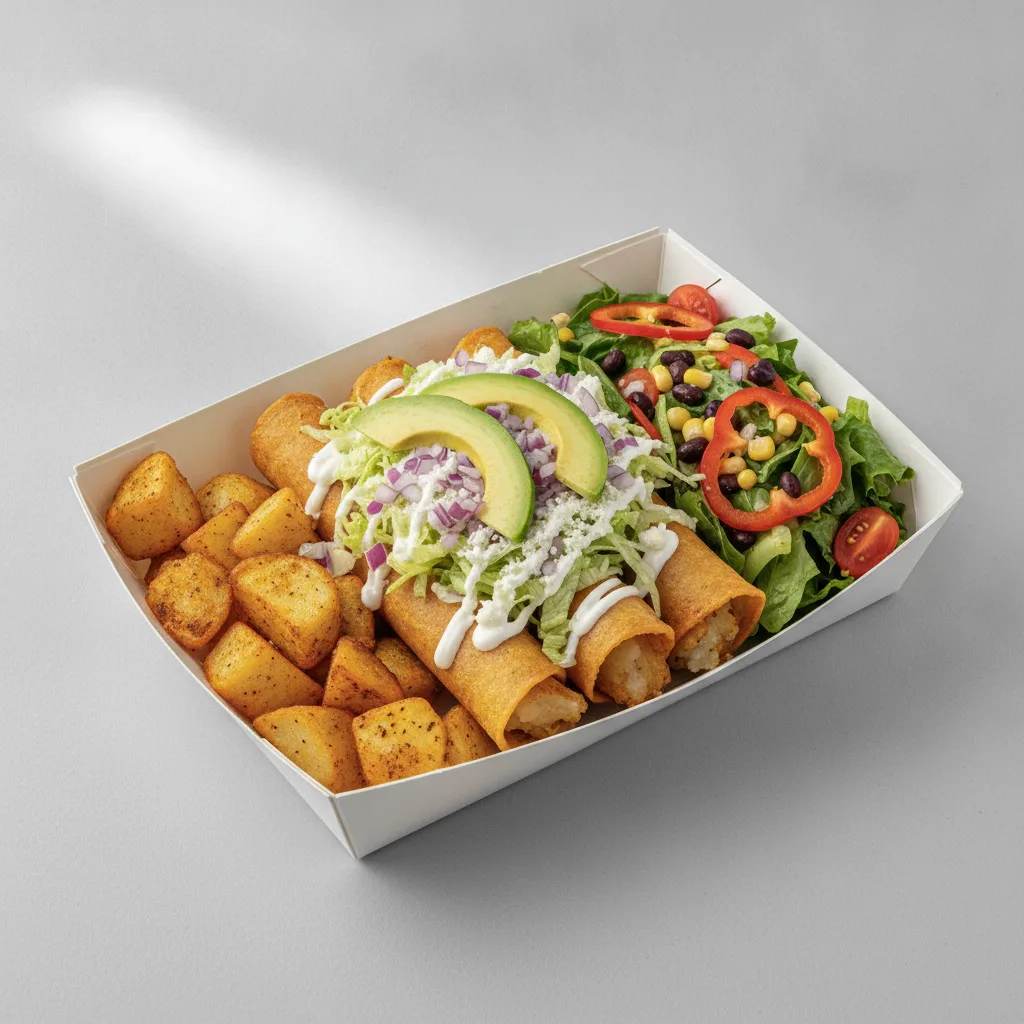 Flautas Boxed Lunch — Potato — Home Fries / Mexican House Salad Flautas Boxed Lunch — Potato — Home Fries / Mexican House Salad