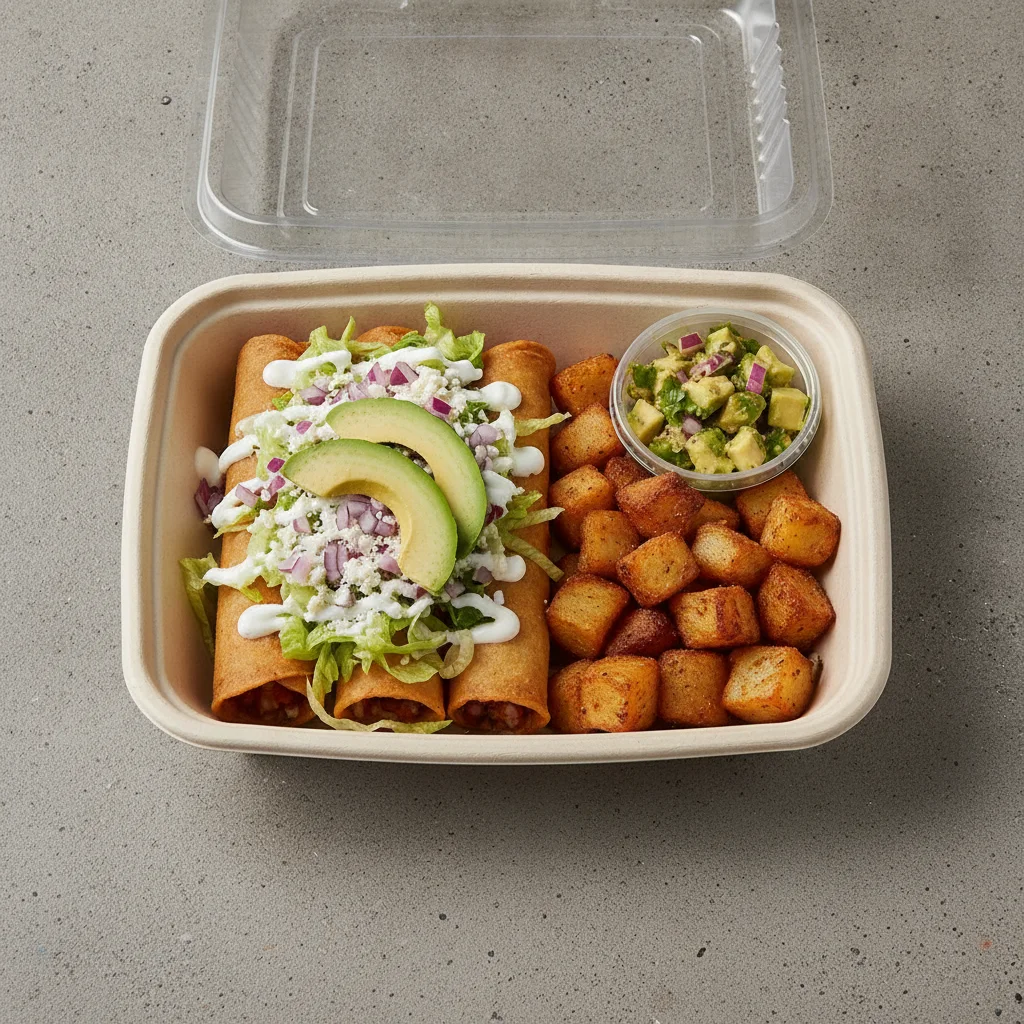 Flautas Boxed Lunch — Potato — Home Fries / Avocado Salad Flautas Boxed Lunch — Potato — Home Fries / Avocado Salad