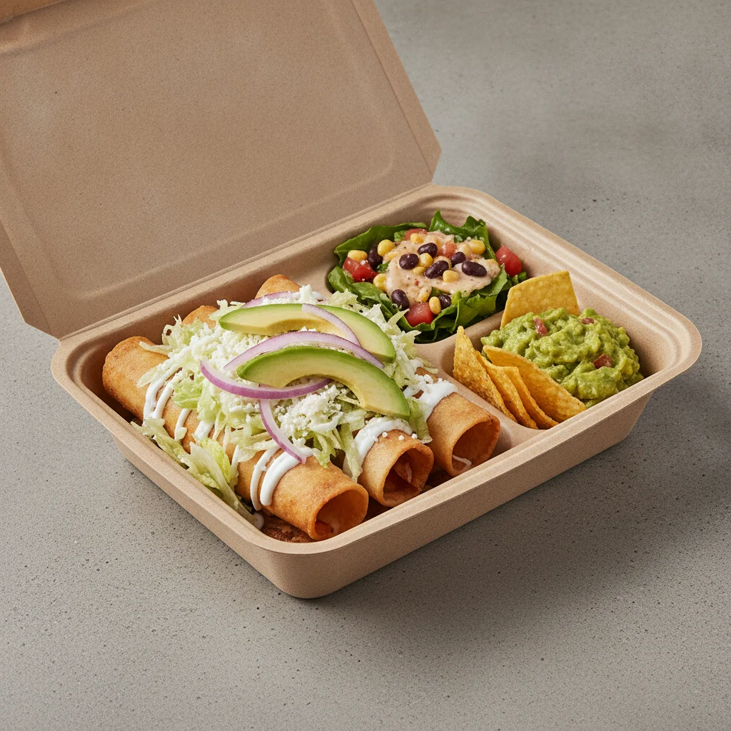Flautas Boxed Lunch — Potato with Guacamole and Chips / Mexican House Salad Flautas Boxed Lunch — Potato with Guacamole and Chips / Mexican House Salad