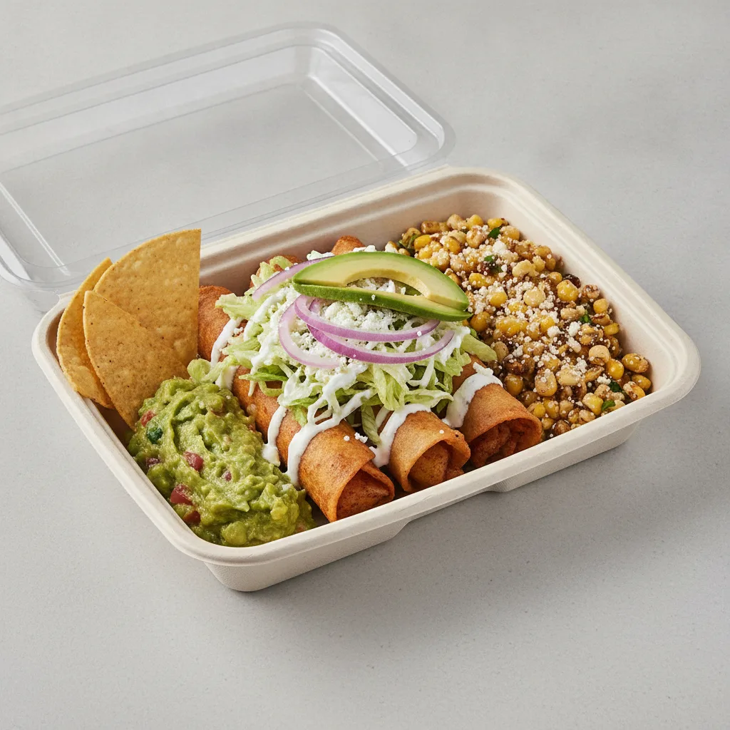 Flautas Boxed Lunch — Potato with Guacamole and Chips / Street Corn Salad Flautas Boxed Lunch — Potato with Guacamole and Chips / Street Corn Salad