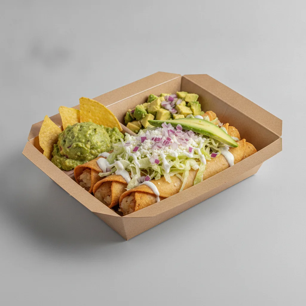 Flautas Boxed Lunch — Potato with Guacamole and Chips / Avocado Salad Flautas Boxed Lunch — Potato with Guacamole and Chips / Avocado Salad