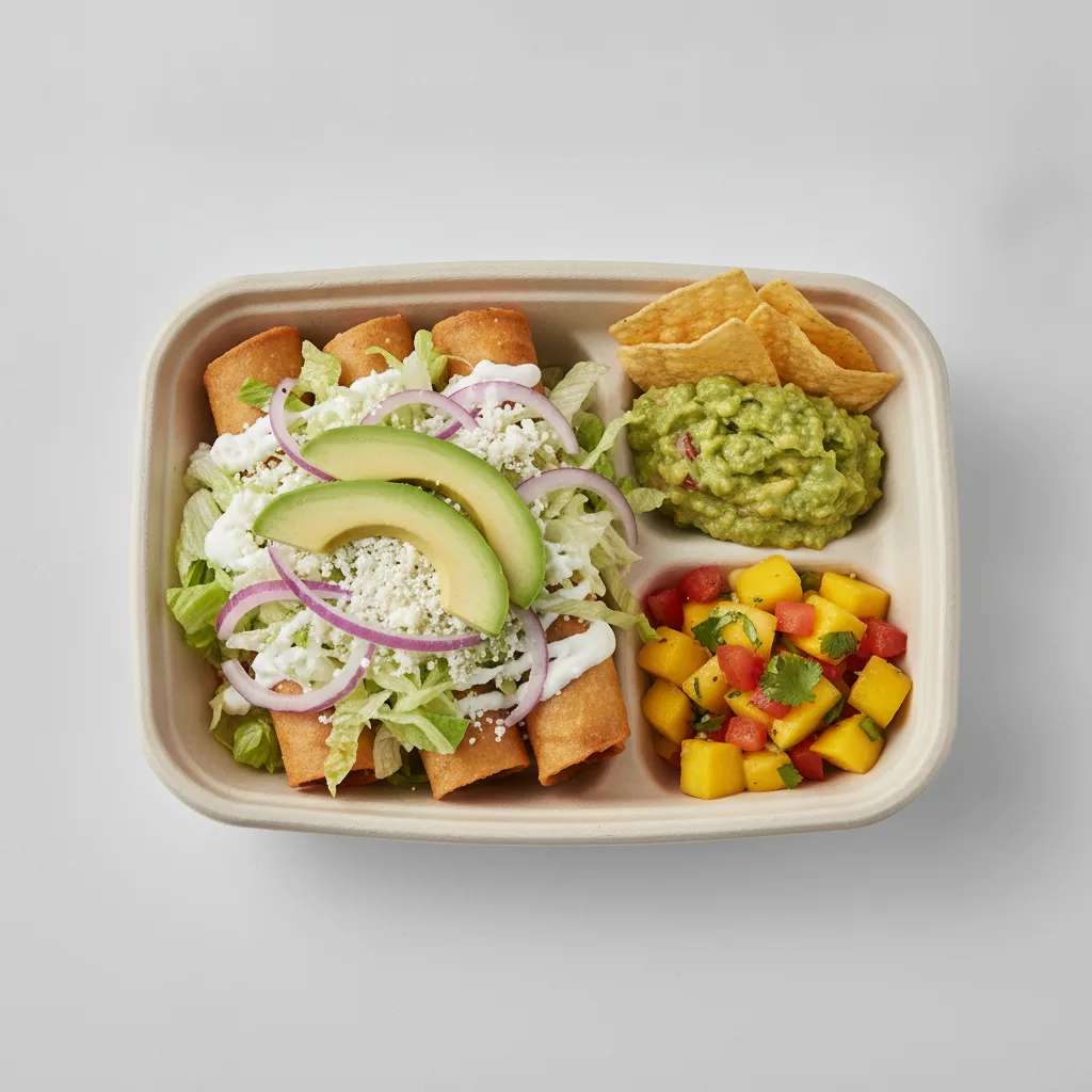 Flautas Boxed Lunch — Potato with Guacamole and Chips / Mango Salad Flautas Boxed Lunch — Potato with Guacamole and Chips / Mango Salad