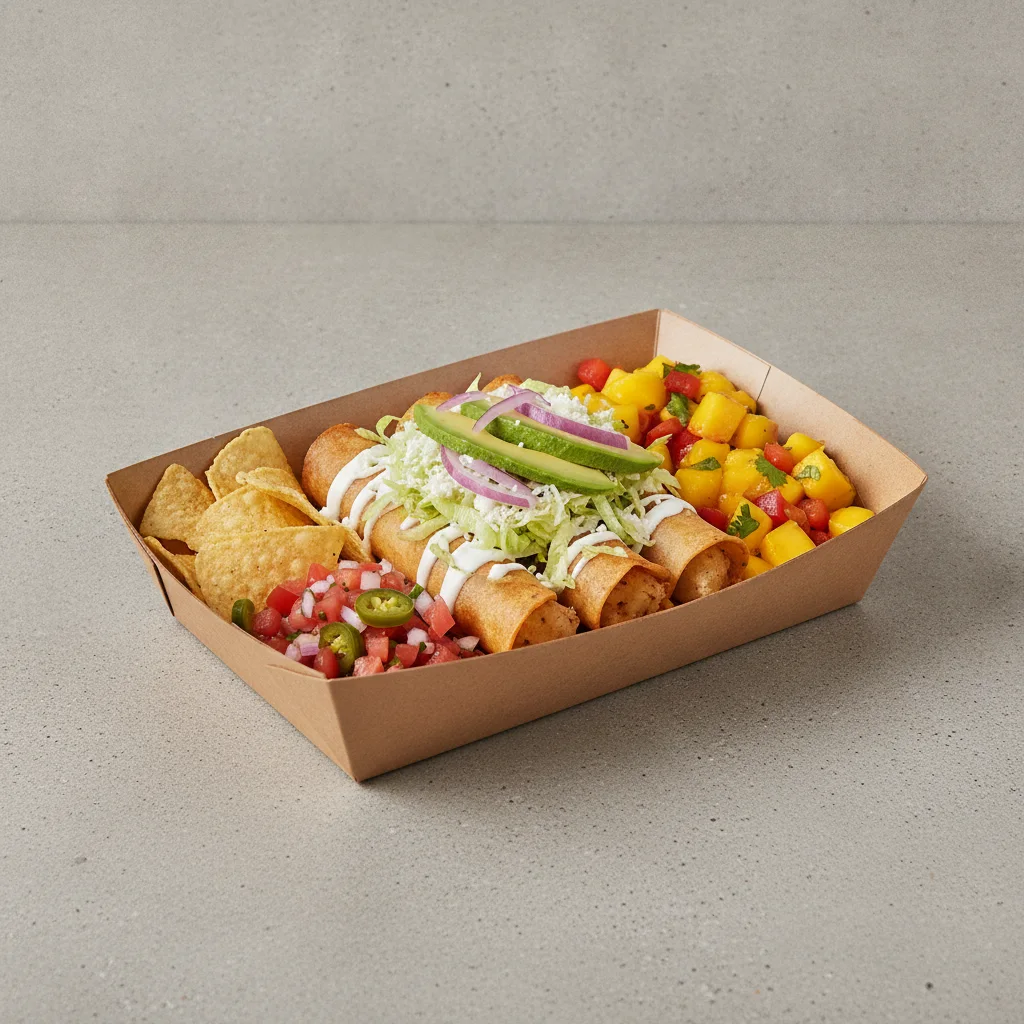 Flautas Boxed Lunch — Potato with Pico and Chips / Mango Salad Flautas Boxed Lunch — Potato with Pico and Chips / Mango Salad