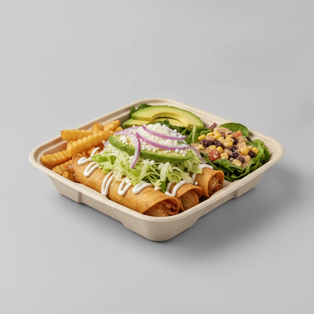 Flautas Boxed Lunch — Potato with French Fries / Mexican House Salad Flautas Boxed Lunch — Potato with French Fries / Mexican House Salad